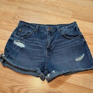 No Boundaries Womens High Rise Distressed Denim Shorts Medium Wash Blue Size 9